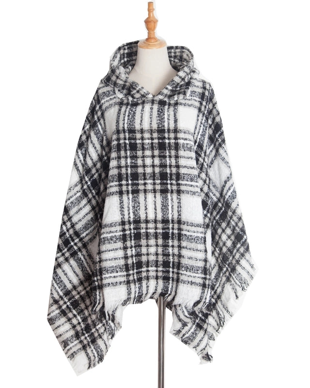 Direct New Cape Europe And The United States Spring And Autumn And Winter New Barbed Wool Pullover Plaid Hat Cape Shawl