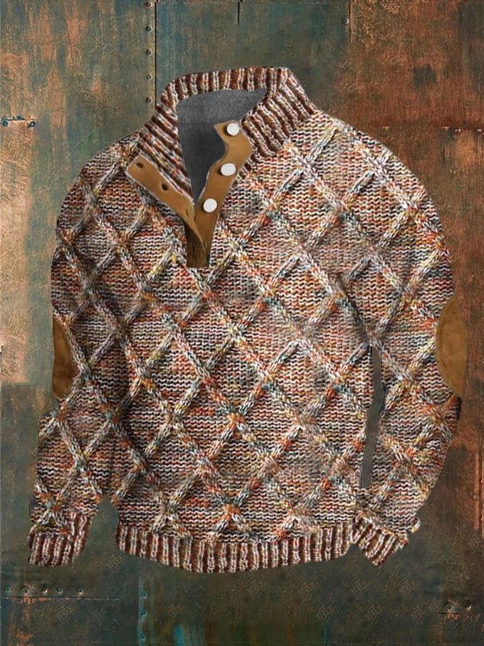 Men's Color Matching Print Button Stand Collar Sweatshirt