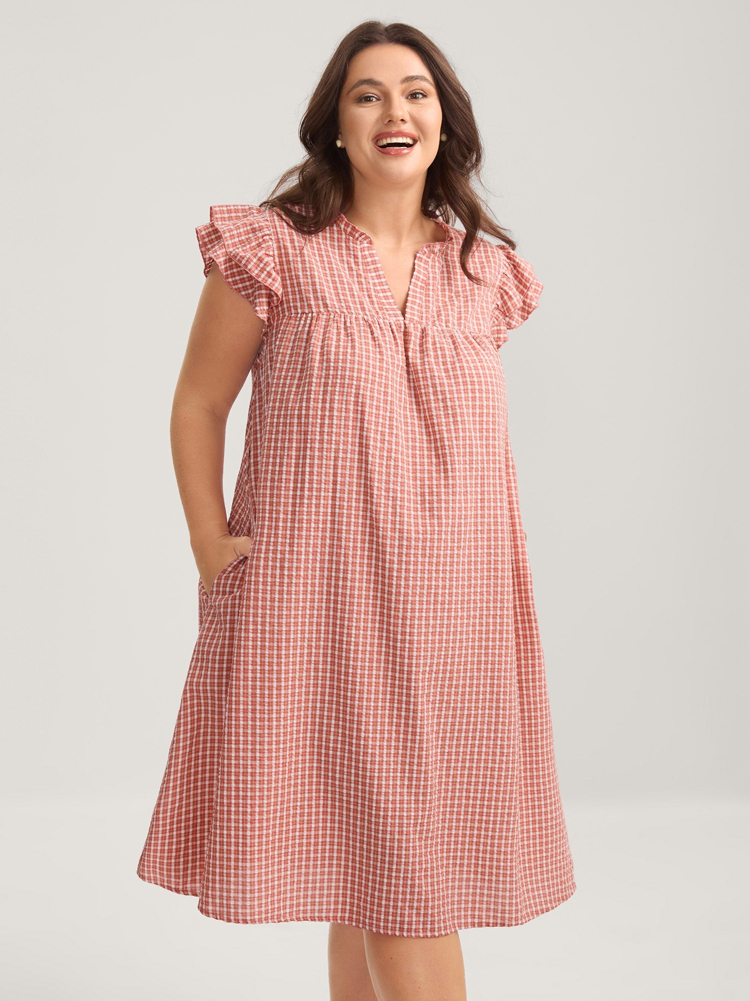 Gingham Print Belted Flutter Sleeve Midi Dress
