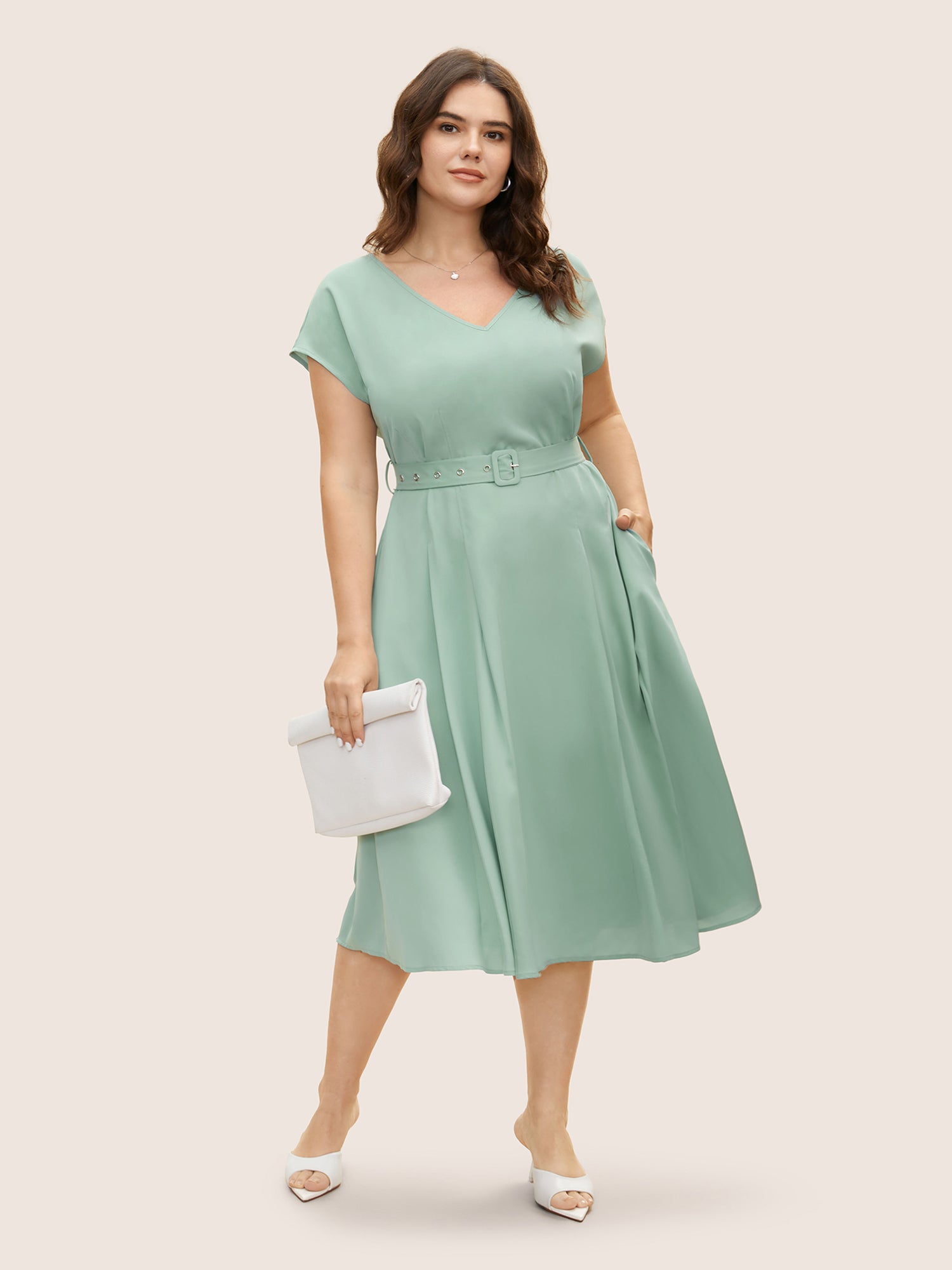 Plain Pleated Belted Cap Sleeve Dress