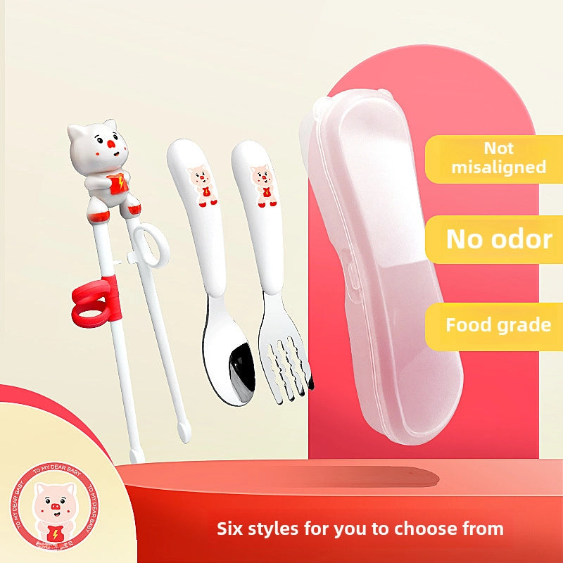 Portable Feeding Children's Tableware Set Cartoon Learning Chopsticks Training Chopsticks 304 Stainless Steel Spoon Fork