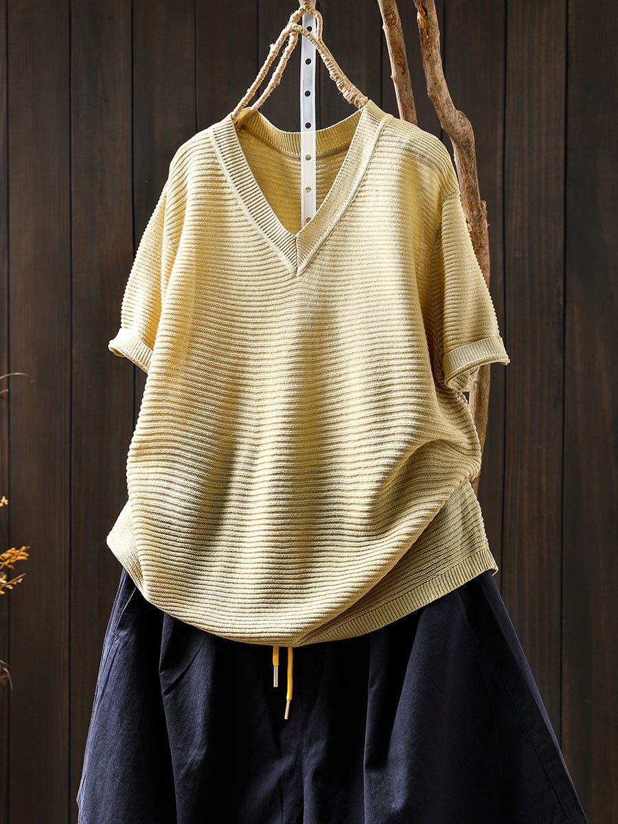 Women Summer Casual Linen Knitted V-Neck Shirt