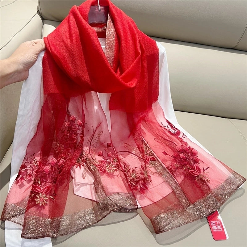 Women's Elegant Flower Polyester Embroidery Silk Scarf