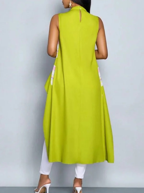 High-Low Loose Contrast Color Pleated Mock Neck Vest Top
