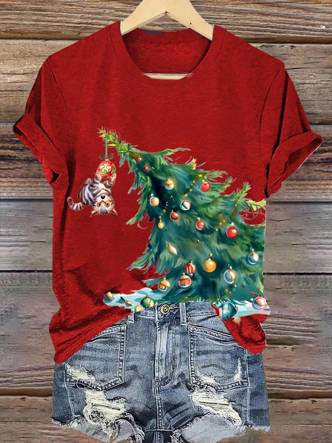 Women's Cat On Christmas Tree Christmas Print Round Neck Short Sleeve T-Shirt