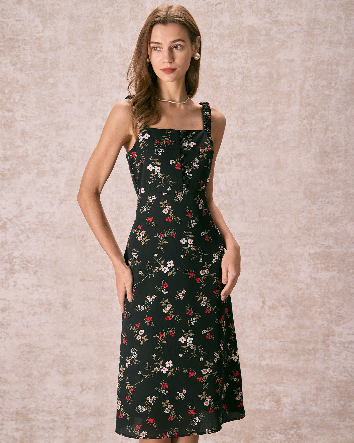 The Black Elasticized Straps Floral Midi Dress