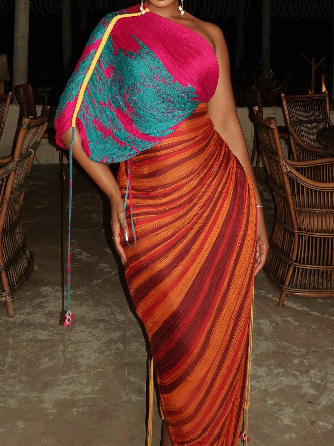 Irregular One Sleeve Pleated Side-Slit Dress
