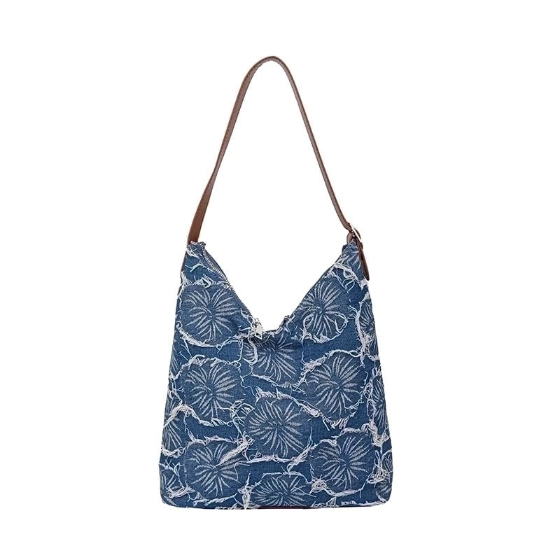 Women's Large Denim Flower Basic Square Zipper Shoulder Bag