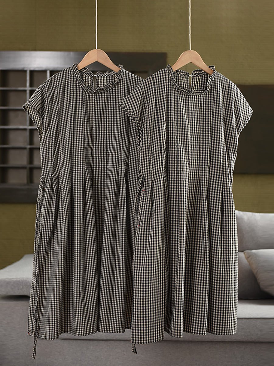 Women Summer Vintage Plaid Stand Collar 100%Cotton Dress