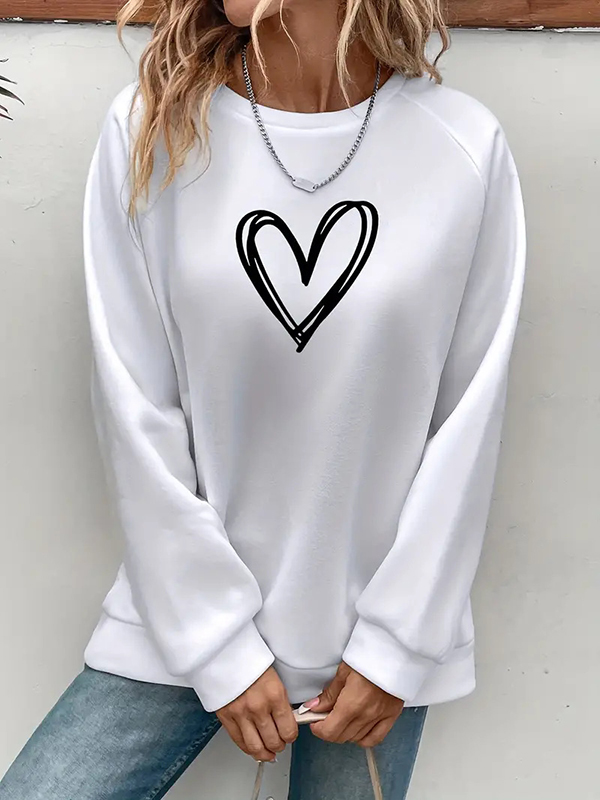 Long Sleeves Loose Heart Print Split-Joint Round-Neck Sweatshirt Tops