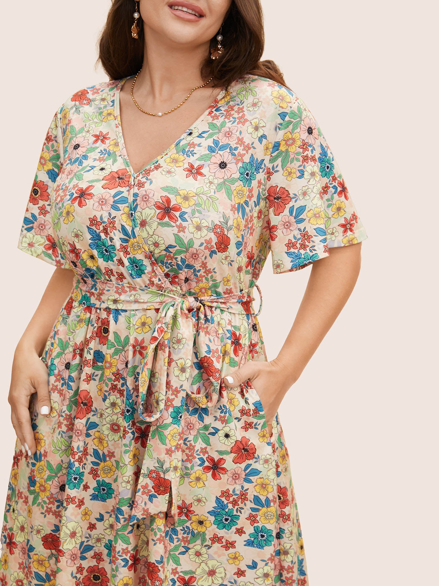 Floral Overlap Collar Belted Pocket Dress