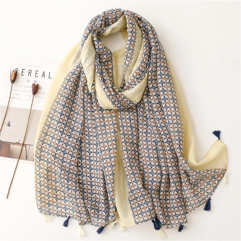 Yarn Cotton Fruit Green Bright Yellow Leaf Printing Tassel Scarf Shawl