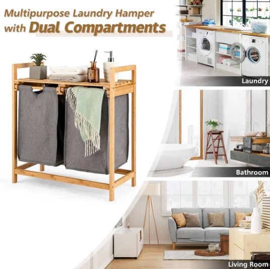 Bamboo Laundry Hamper With Dual Compartments