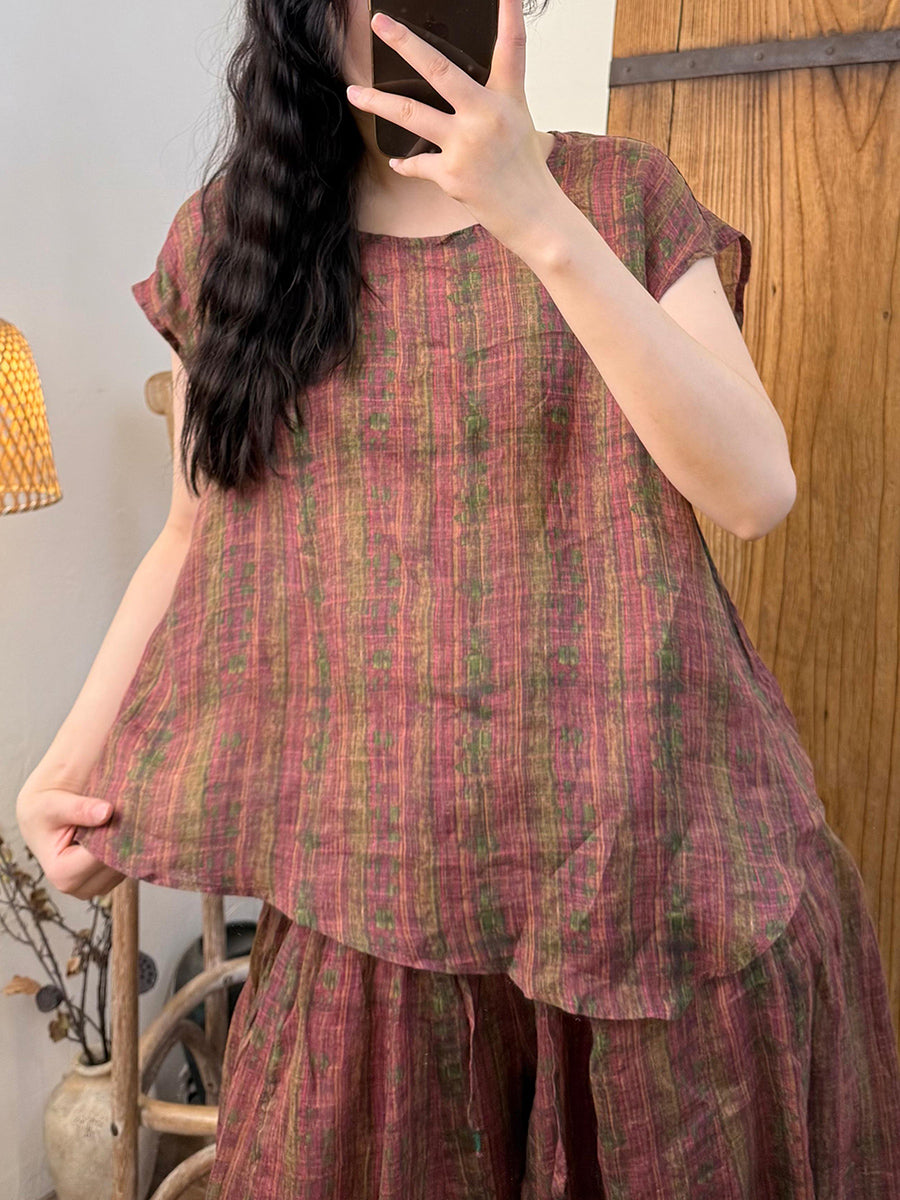 Women Summer Stripe Ramie Irregular Hem O-Neck Shirt