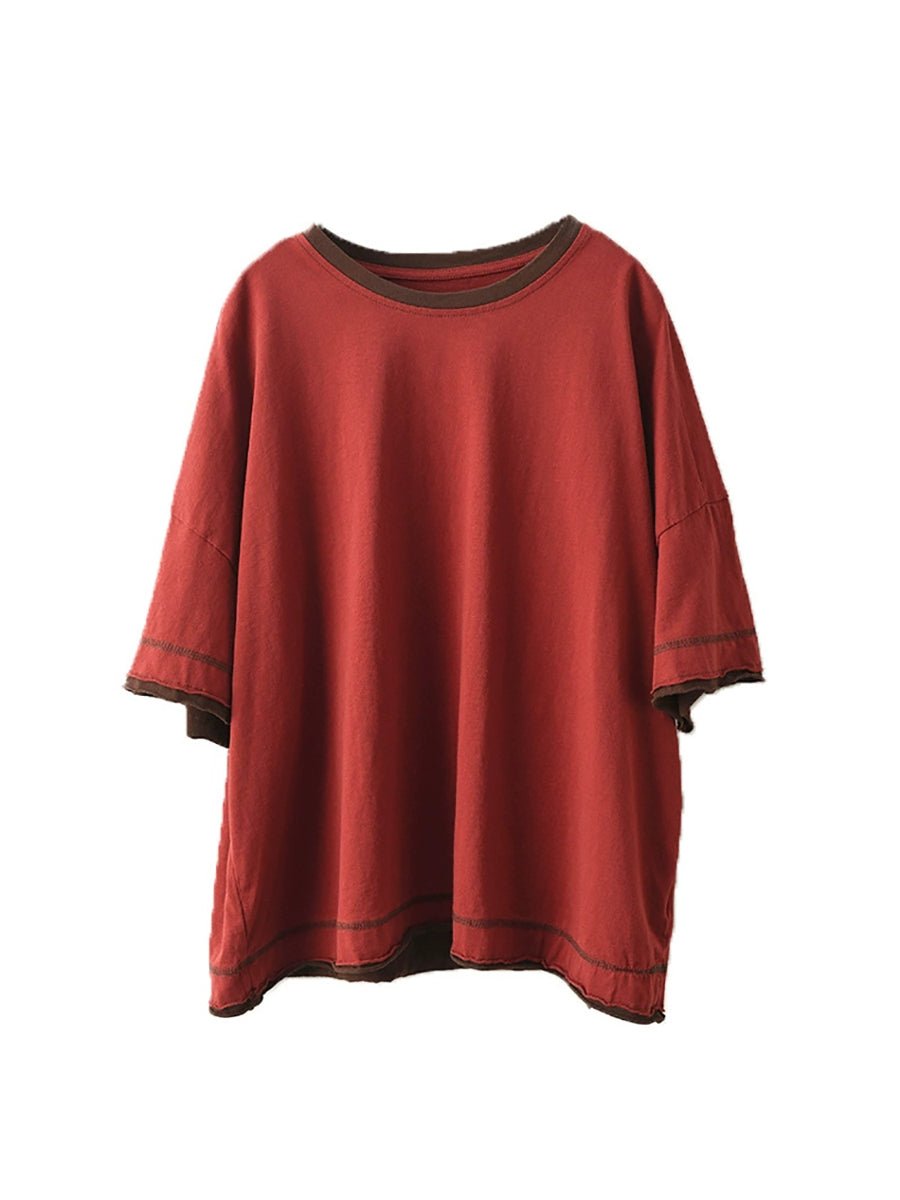 Women Summer Colorblock O-Neck 100%Cotton Shirt