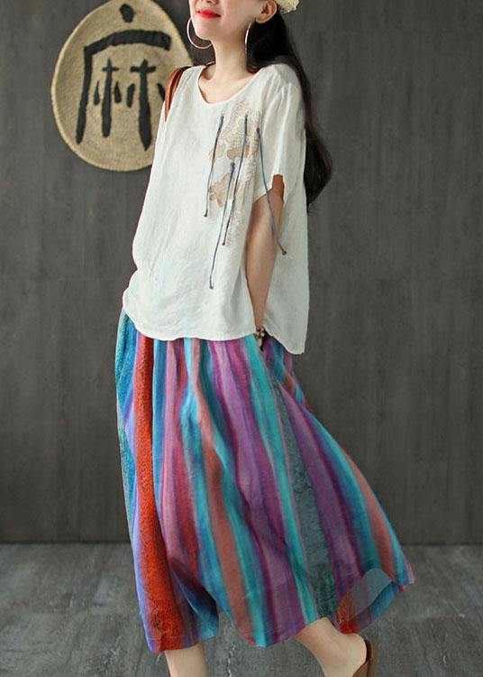 Style Striped Retro Patchwork A Line Skirts Ramie