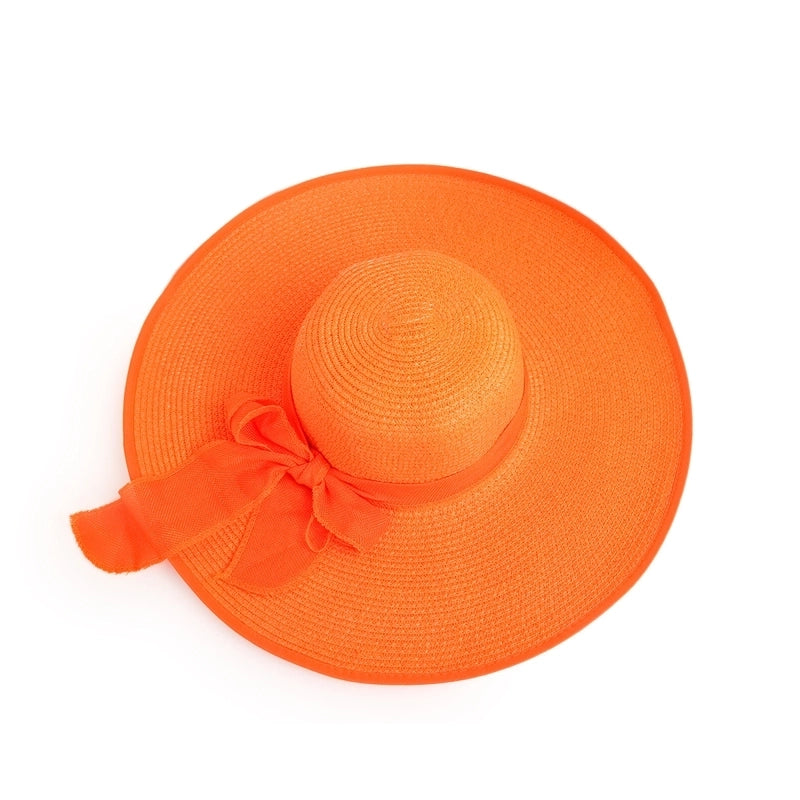 Fashion Solid Color Big Eaves Sunshadebowknot Straw Hat