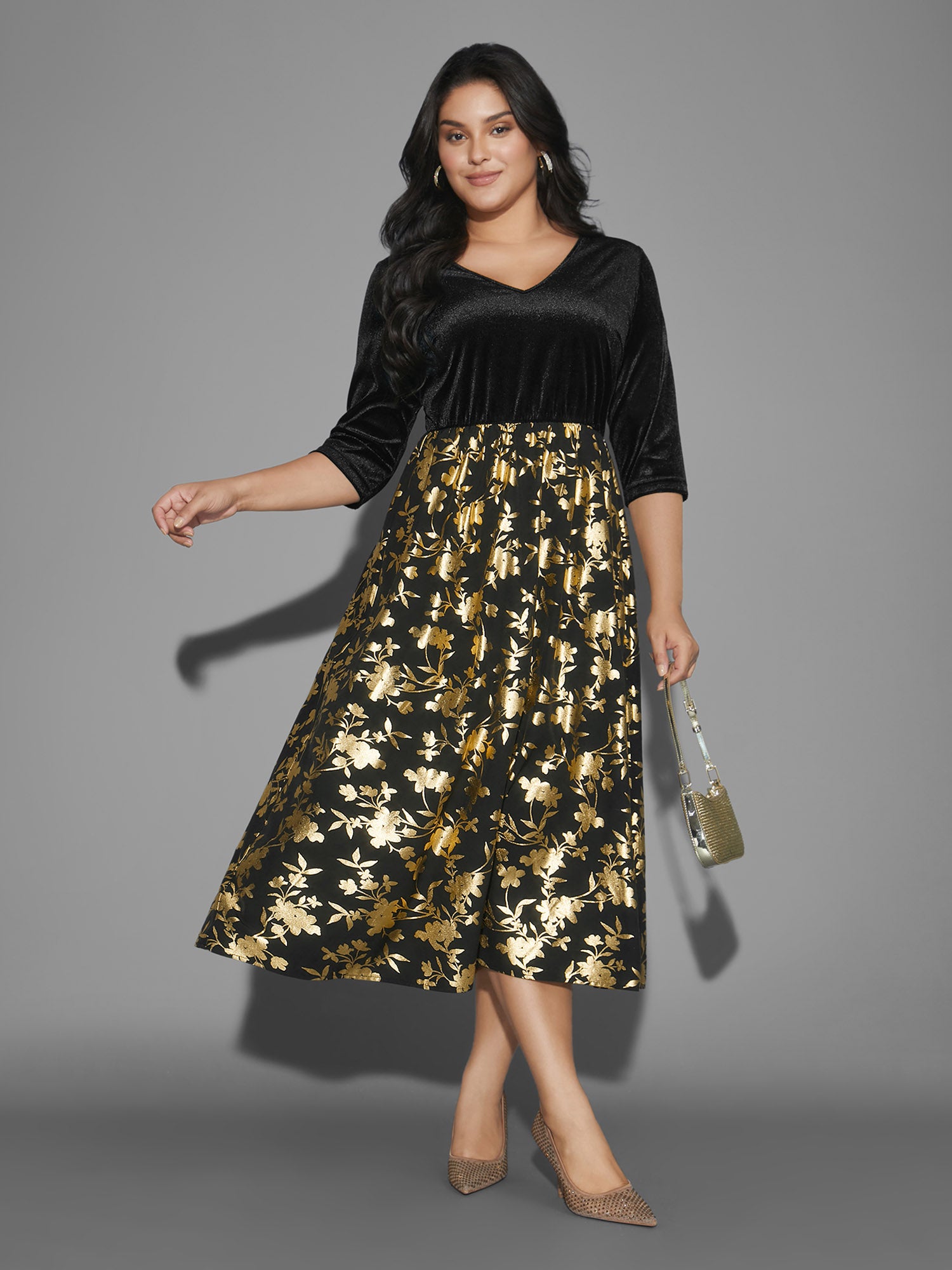 Glitter Floral Patchwork Velvet Midi Dress