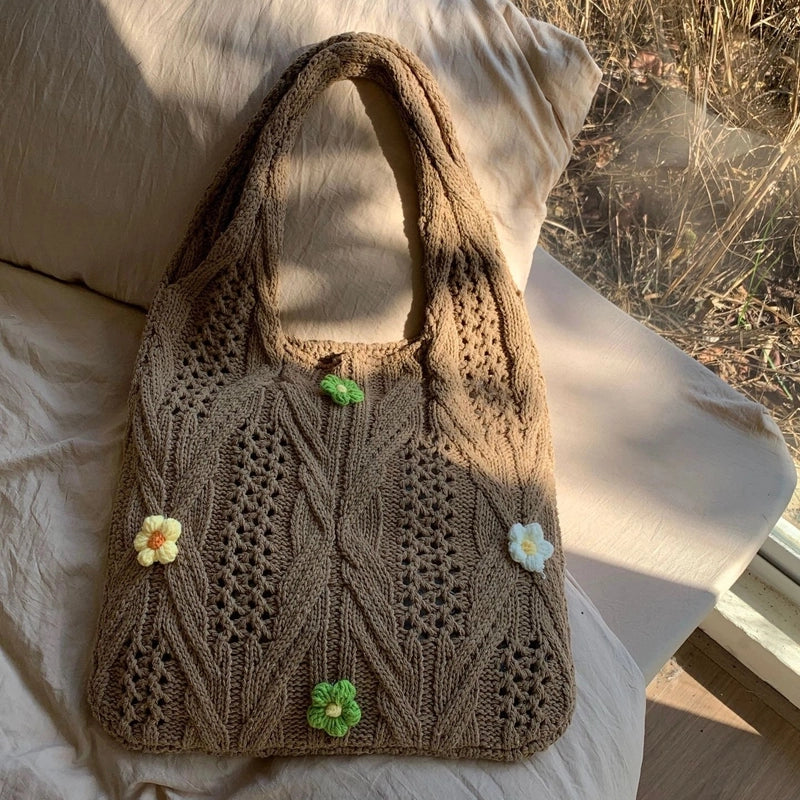 Women's Medium Knit Solid Color Flower Basic Vintage Style Weave Square Open Shoulder Bag