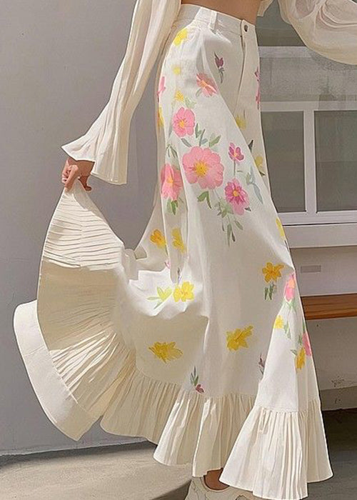 New Pink Print Wrinkled High Waist Cotton Skirts Spring