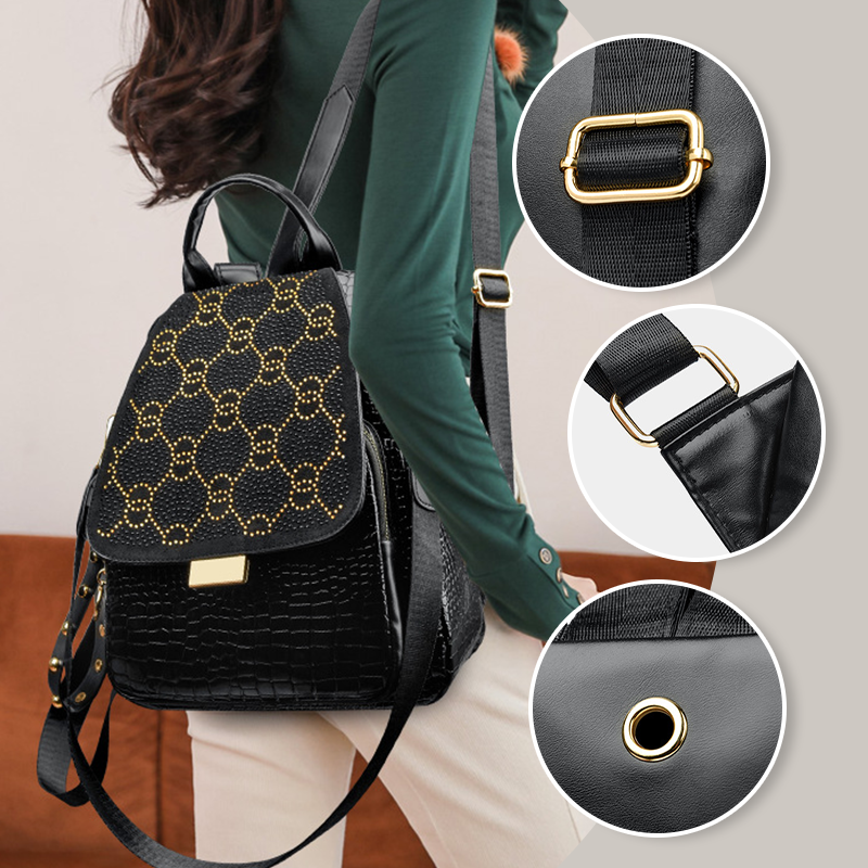 🎒Women's Black Large Capacity Sparkling Rhinestone & Geometric Print Backpack✨