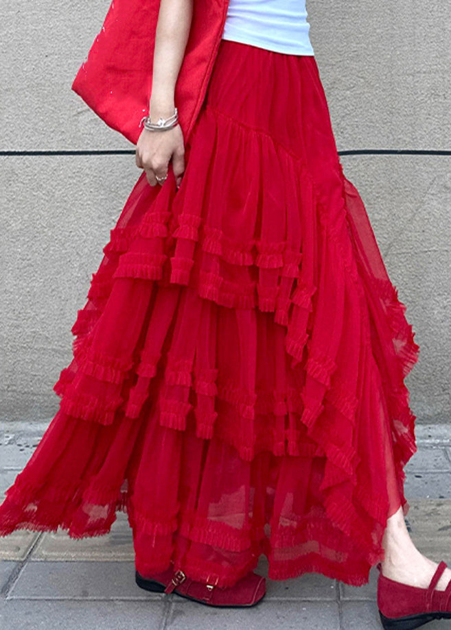 Style Red Elastic Waist Tulle Maxi Cake Skirt Summer