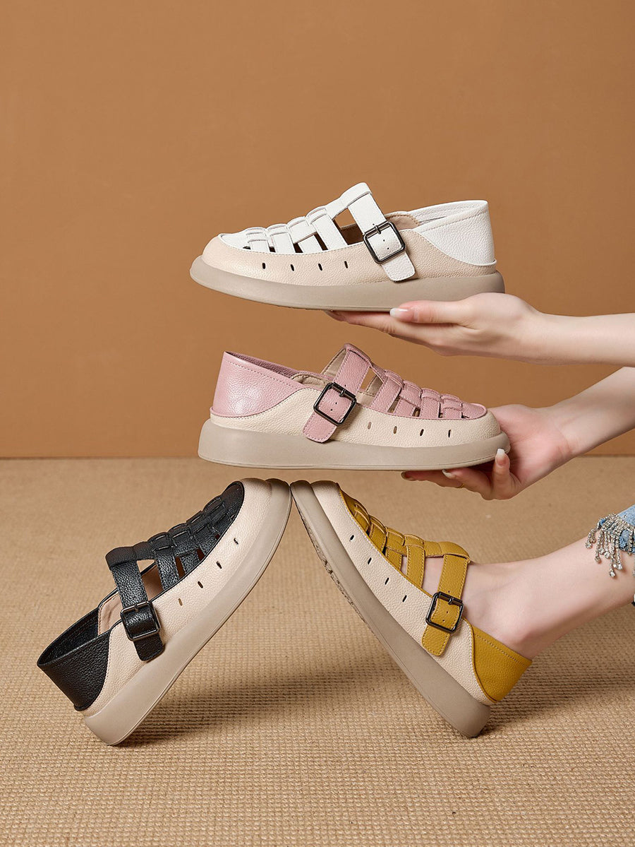 Women Casual Summer Genuine Leather Weave Flat Shoes