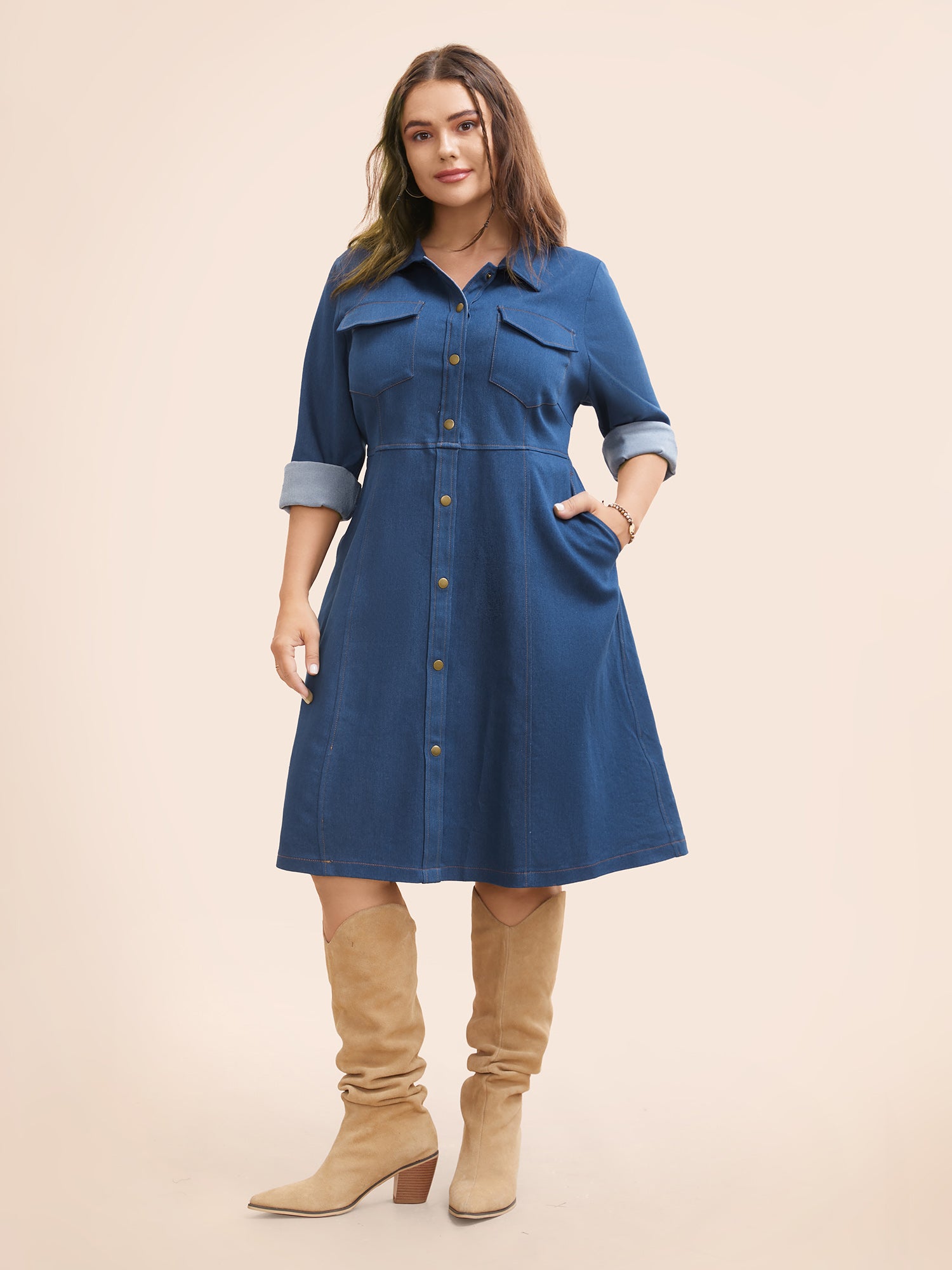 Stretch Denim Chest Flaps Waist Defining Midi Dress