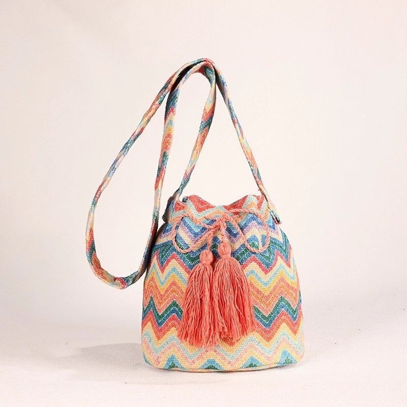Women's Medium Canvas Geometric Ethnic Style Bucket Open Bucket Bag