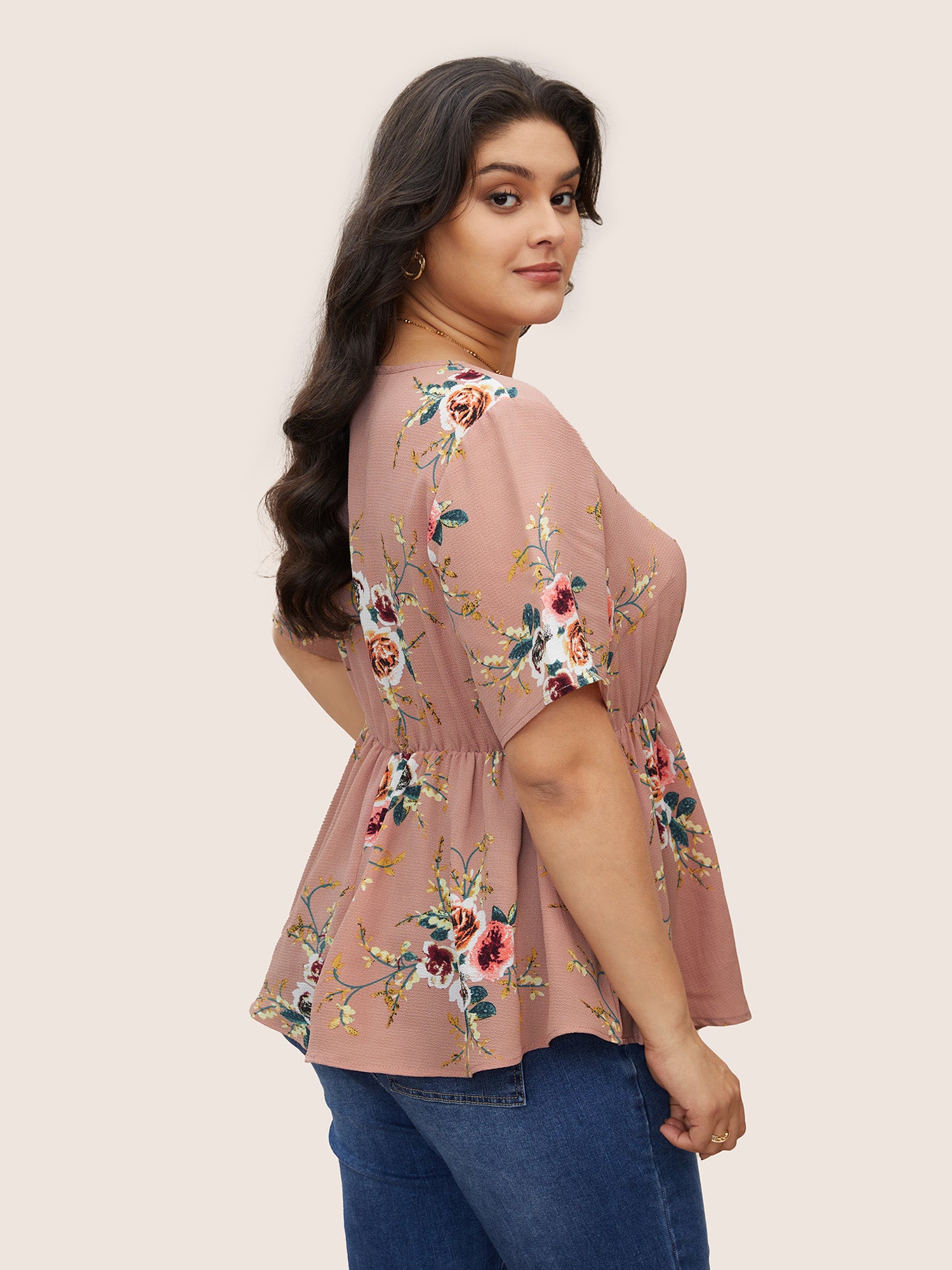 Floral Print Wrap Ruffles Asymmetrical Hem Blouse