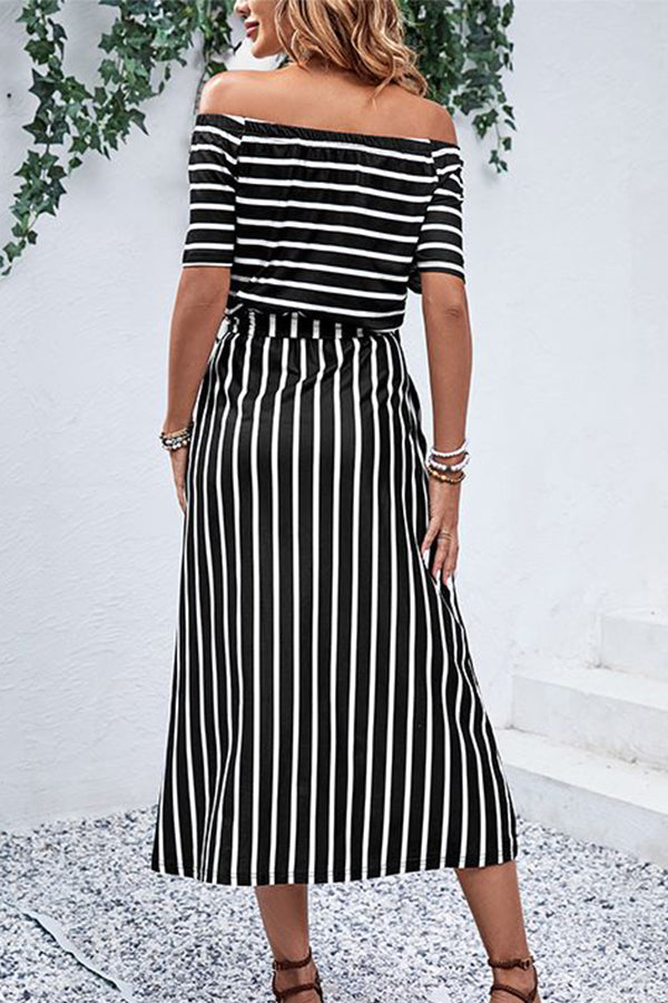 Stripe Print Off The Shoulder Split Side Dress