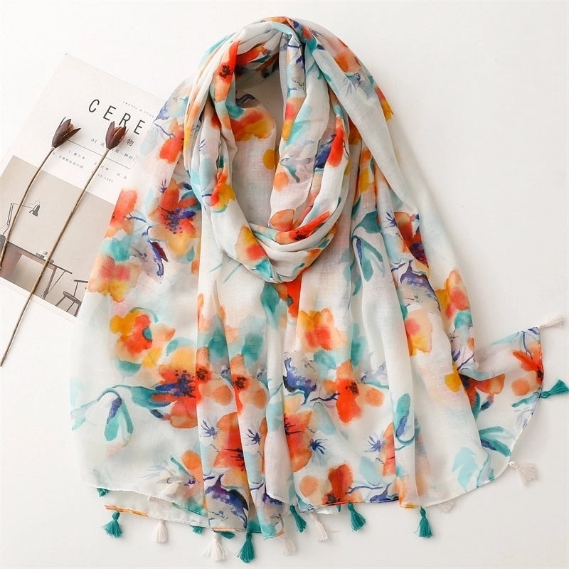 Yarn Cotton Fruit Green Bright Yellow Leaf Printing Tassel Scarf Shawl
