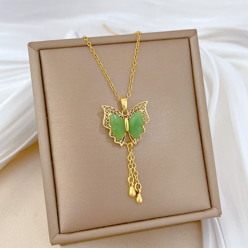 Green Butterfly Tassel Gorgeous Full Diamond Necklace Women'S All-Match Clavicle Chain Titanium Steel Chain