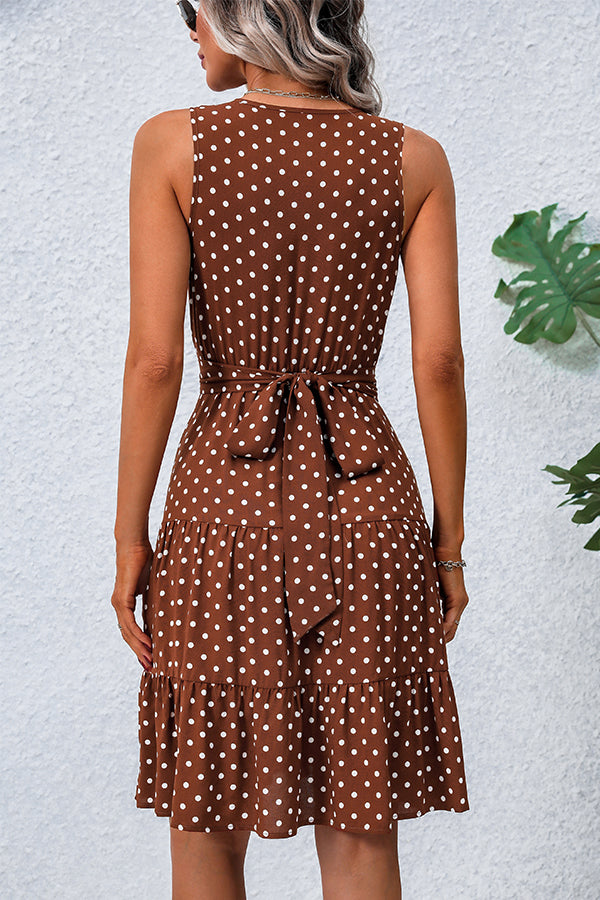 Fashion Dots Print V Neck Tie Waist Dress