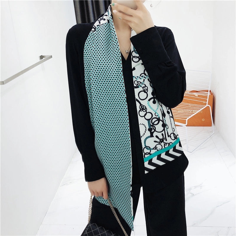 New Rope Belt Chain Double-layer Printing Silk Scarf Twill Long Silk Scarf Headscarf