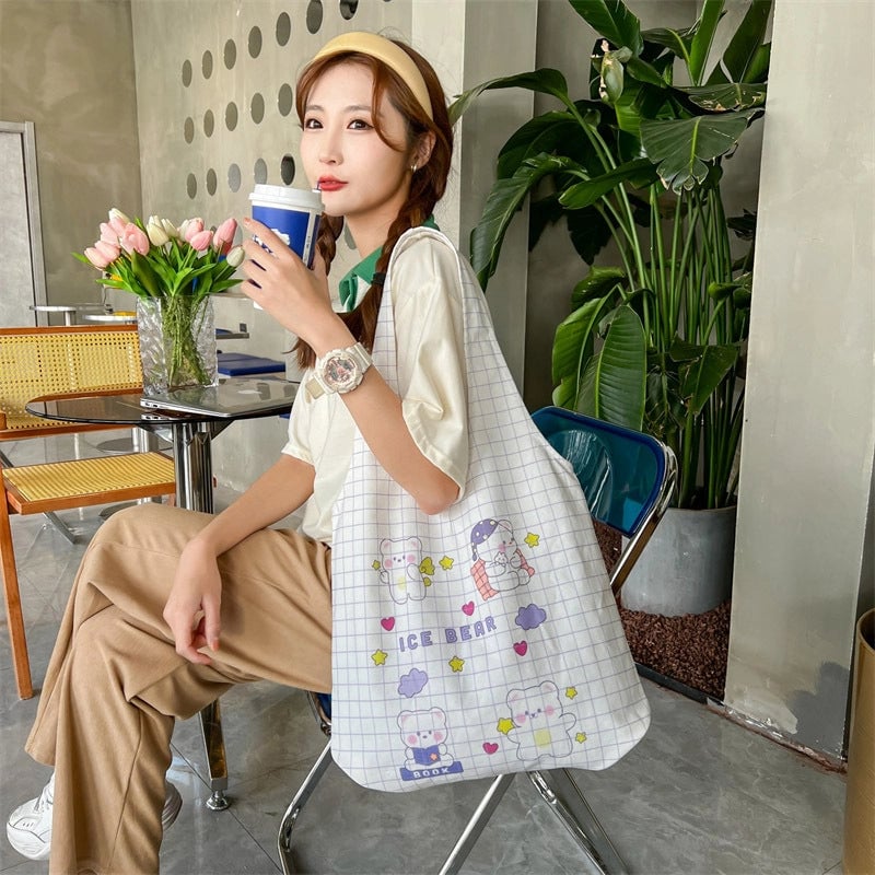 Women's Large Canvas Cartoon Fruit Cute Streetwear Square Open Canvas Bag