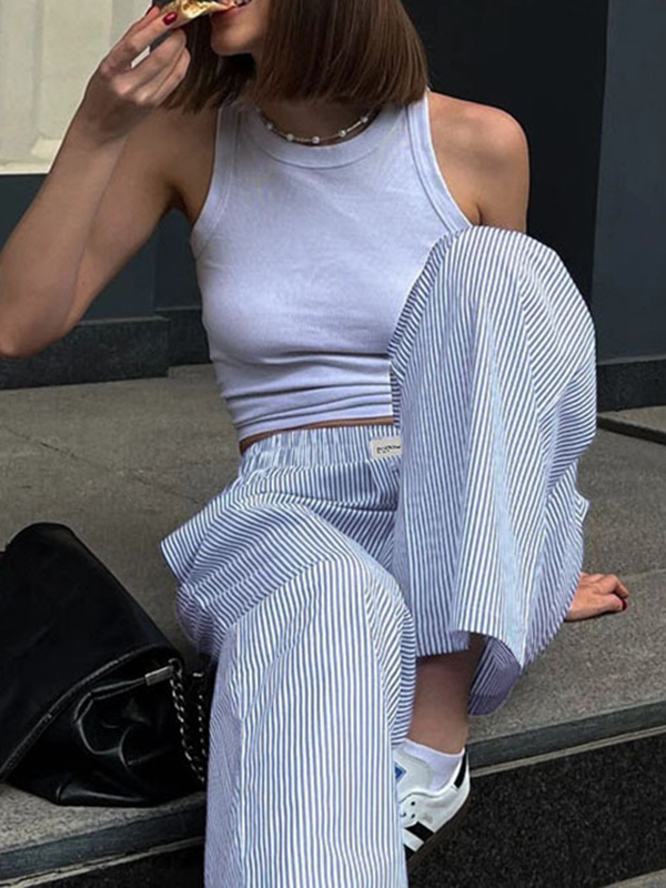 High Waisted Loose Elasticity Split-Joint Striped Pants Trousers