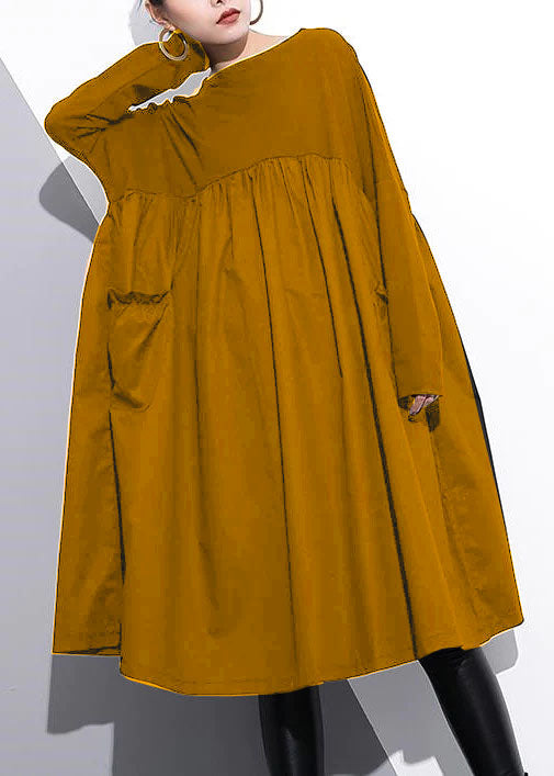 Elegant Cinched o neck Cotton clothes For Women Tutorials  Yellow chrysanthemum Dresses