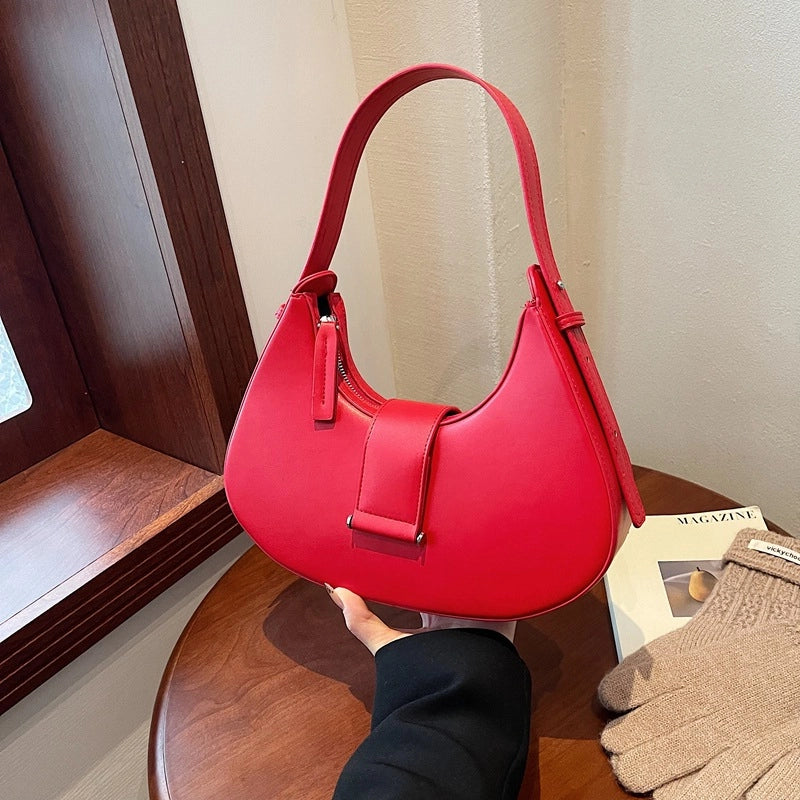 Women's Pu Leather Solid Color Classic Style Sewing Thread Dumpling Shape Zipper Buckle Shoulder Bag
