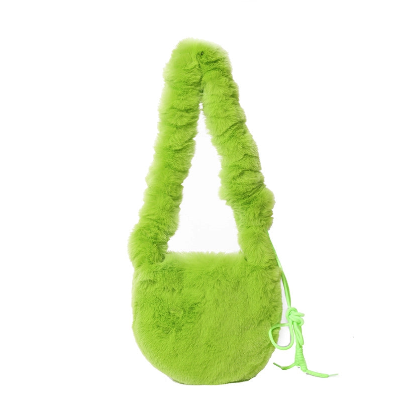 Korean Style Autumn And Winter Furry Solid Color Mini Bag Casual Fashion Underarm Women's Bag Fashionable Western Style Plush Handbag