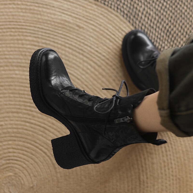 Retro 80mm Chunky Block Heel Lace-Up Combat Boots with Side Zipper Brown/Black