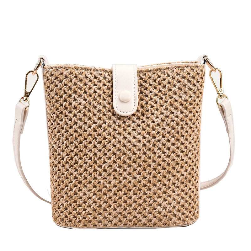 Women's Medium Straw Solid Color Vacation Beach Weave Bucket Lock Clasp Straw Bag