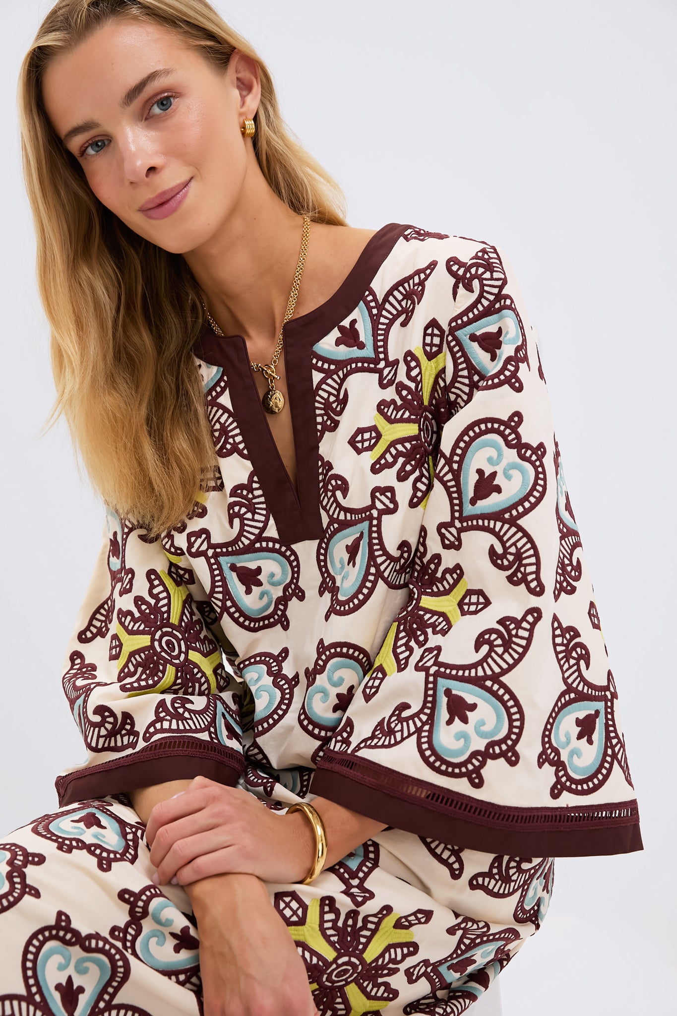 Citron and Slate Blue Embroidered Lorena Caftan