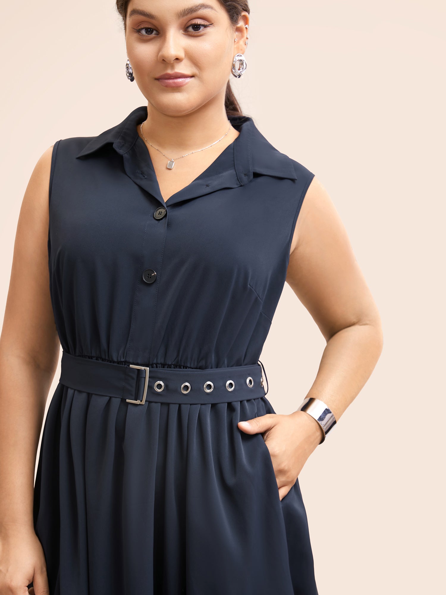 Shirt Collar Gathered Sleeveless Belted Dress