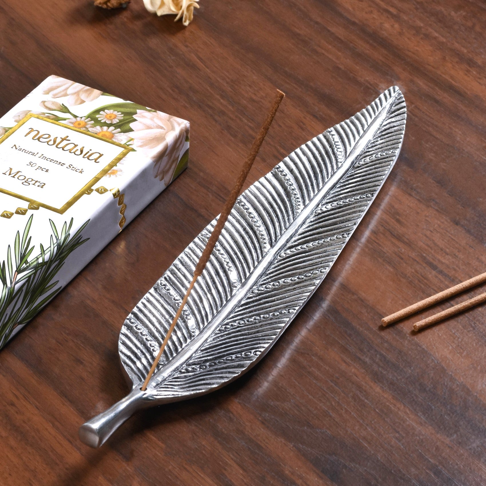 Long Leaf Incense Holder With Mogra Incense Sticks