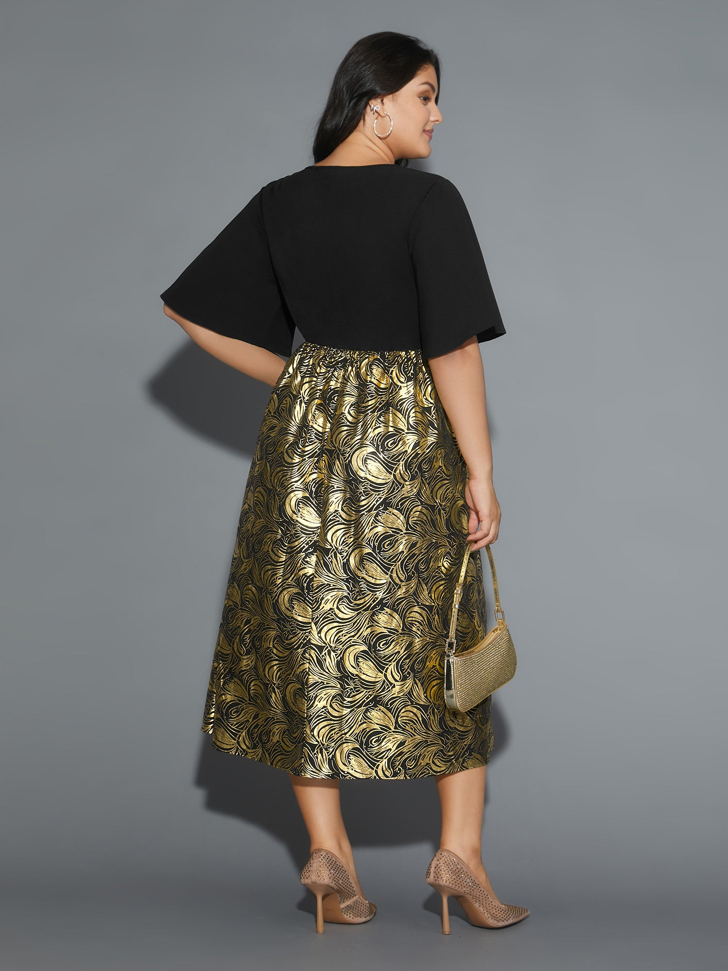 V Neck Glitter Flounce Sleeve Dress
