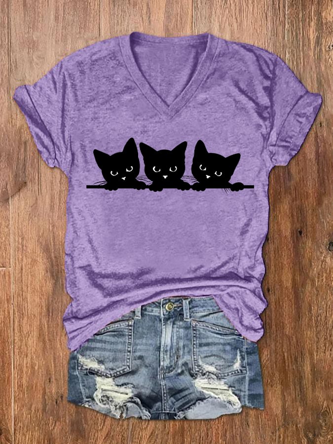 Women's Black Cat Print V-Neck T-Shirt