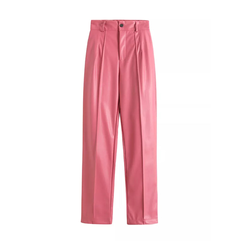 Vintage High Waist Faux Leather Straight Pants