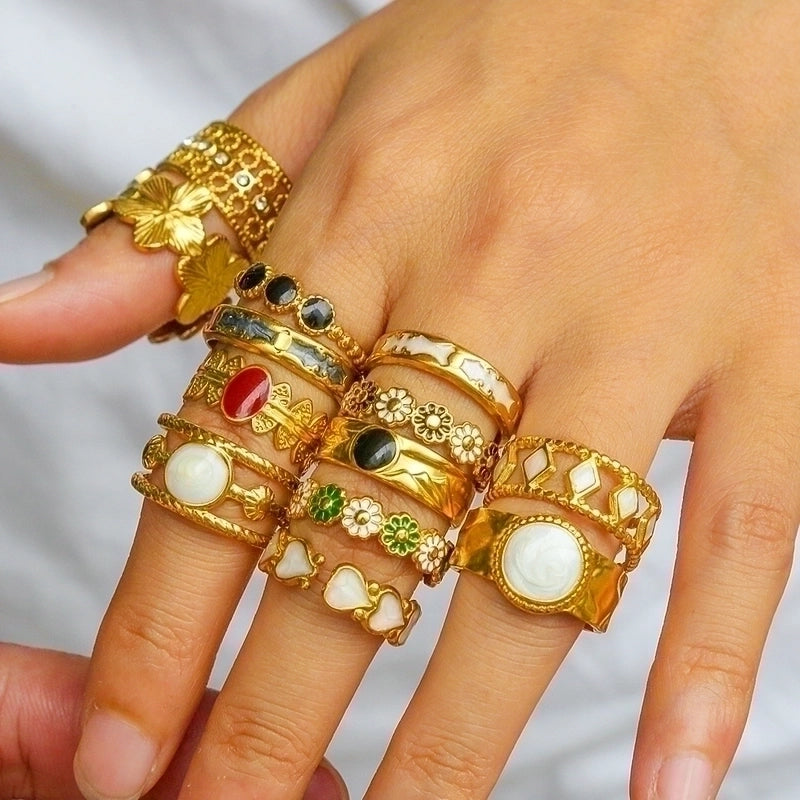 Rock Oversized Leaves Eye Flower 304 Stainless Steel Gem 18K Gold Plated Inlay Open Rings