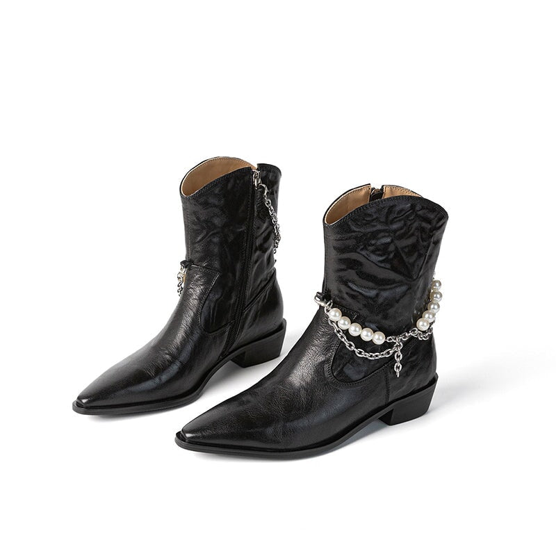 Sheepskin Leather Autumn/Winter Women's Point Toe Ankle Boots in Black/Brown